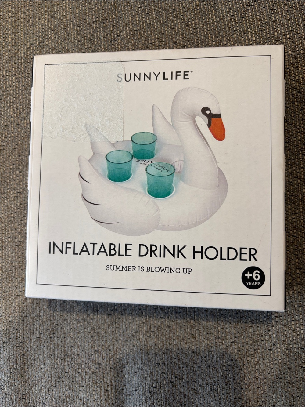 Sunnylife White Swan Inflatable Drink Holder with Orange Beak and Teal Cups